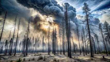 Sunlit Smoke-Filled Forest After a Wildfire Charred Trees Stand Tall Against a Dramatic Sky