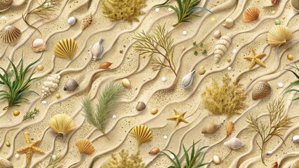 Seashells, Starfish, and Coastal Plants Adorn a Sandy Beach with Wavy Textures Creating a Serene and Idyllic Coastal Scene