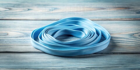 A coil of light blue fabric ribbon rests on a rustic wooden surface