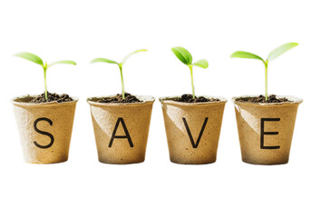 Biodegradable seedling pots spelling SAVE with young green sprouts on white background environmental conservation concept for sustainability campaigns posters and eco packaging