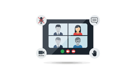 Virtual meeting interface with four participants and essential control icons depicted clearly and