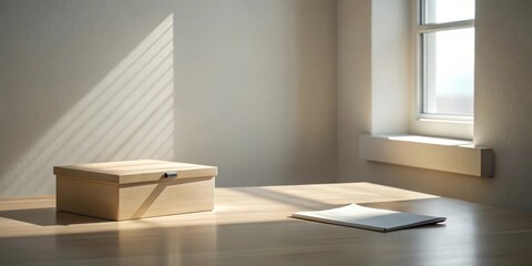 Wooden box and blank booklet on a sunlit table near a window