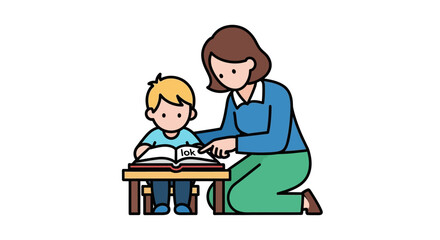 Illustration depicting a child learning to read with guidance from a teacher or parent figure