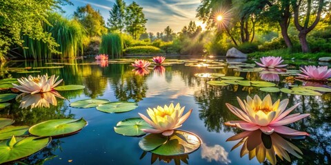 Serene Water Lilies Reflecting the Sunset Glow in a Tranquil Garden Pond