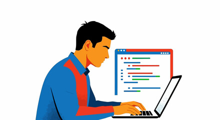 Dedicated software developer coding intensely on a laptop while viewing clean code interface