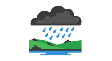 Stylized flat design depicting a rainy landscape scene with hills and a body of water