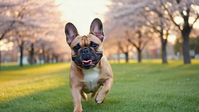 A french bulldog runs on the green grass in a park with flowering trees in the background at daytime dog video