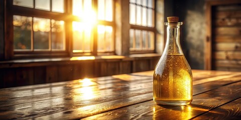 Golden liquid in a glass bottle on a rustic wooden table bathed in sunset light