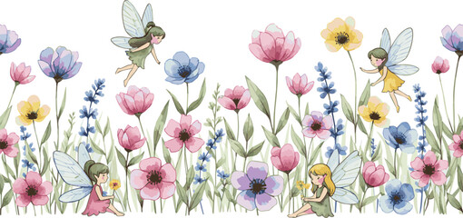 Create a Watercolor composition with floral meadow, delicate abstract flowers and cute fairies, isolated horizontal border for cover  wallpapers, mural for childish room. Hand drawn design vector art. © al