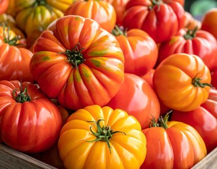 Close-up of a pile of fresh, ripe, colorful heirloom tomatoes