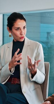 Business, woman or talk in meeting for counseling, company wellness or mental health support. Empathy, mature person and team in office with conversation for EAP workshop, problem solving or therapy.