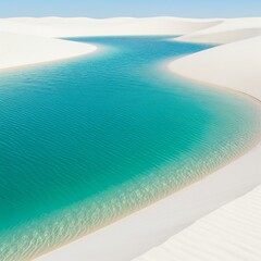 Turquoise lagoon winding through white sand dunes in a surreal desert landscape captures the rare beauty of water meeting sand in a pristine and dreamlike natural setting