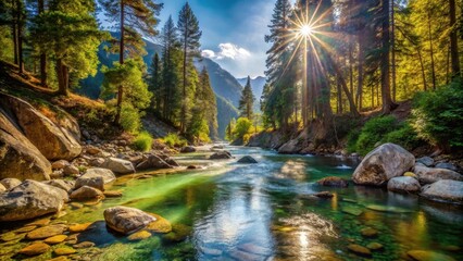 Serene River Flows Through a Lush Green Forest Valley Bathed in Golden Sunlight