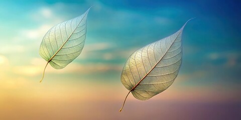 Two Delicate Skeleton Leaves Drifting on a Serene Pastel Sky at Sunset