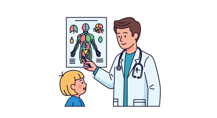 Caring doctor explaining human anatomy to a young patient using an educational chart illustration