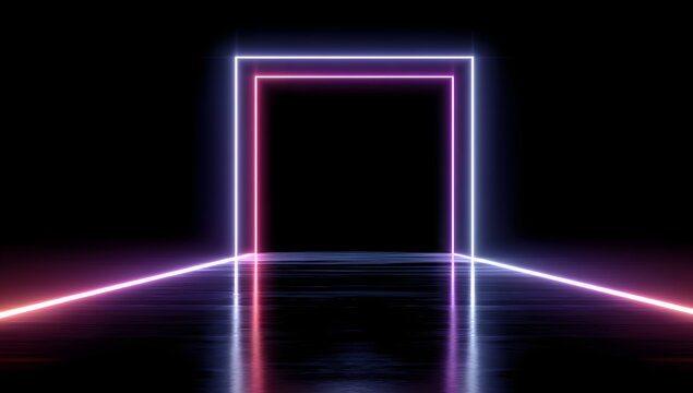 Illuminated rectangular portal glowing with vibrant neon pink and blue light against a dark reflective surface creating a futuristic and abstract gateway