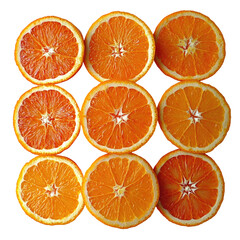 Nine sliced oranges, arranged symmetrically