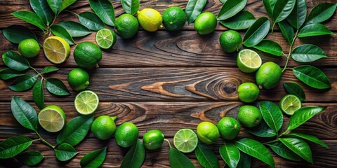 A vibrant arrangement of whole and sliced limes, encircled by lush green leaves, artfully displayed on a rustic wooden surface.