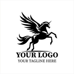 Obraz premium Pegasus Logo Vector – Minimalist Black Silhouette of Mythical Winged Horse in Graceful Flight, Flat 2D Design for Elegant Branding and Fantasy Concepts