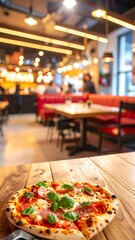 Close-up of a pizza on a wooden table with a blurred restaurant background