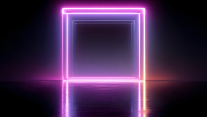 Illuminated rectangular portal frame with vibrant neon glow reflecting on a dark glossy surface creating an abstract futuristic tunnel effect
