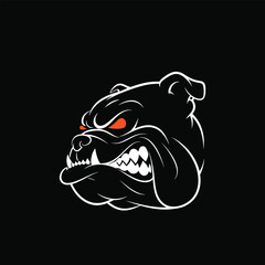A fierce bulldog head with glowing eyes, displaying aggressive teeth on a black background.