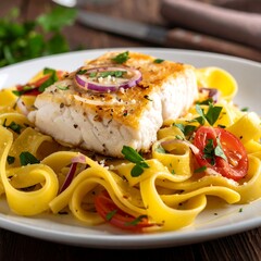 Close-up of a plate of pasta topped with fish and fresh vegetables
