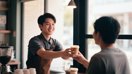 Friendly Asian male barista in apron serving a hot coffee drink to a customer across the counter in a modern, sunlit cafe with excellent customer service