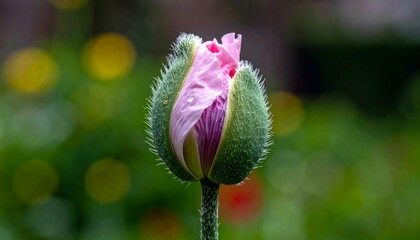 Close-up of a poppy bud opening, revealing pink petals, bokeh background