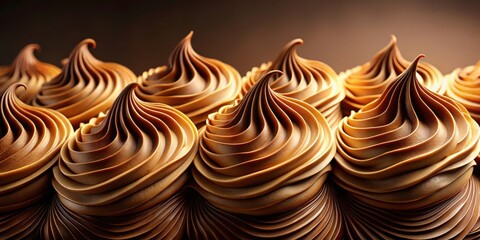 Close-up view of rich, decadent swirls of creamy chocolate frosting, a delectable confectionery texture
