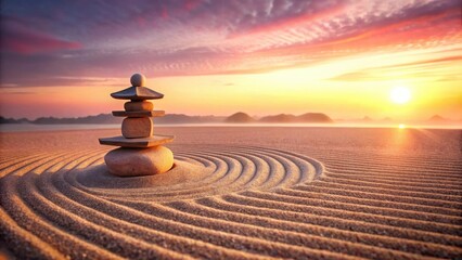 Serene Sunrise A Balanced Stone Cairn on a Sand Garden at Dawn