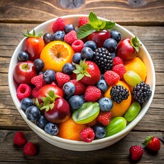 Abundant Bowl of Mixed Fruits and Berries with Tomatoes Keywords: fruit, berries, strawberry