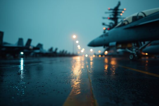 Military aircraft on wet runway at dusk - Powered by Adobe