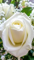 Close-up of a pristine white rose bloom surrounded by delicate baby's breath