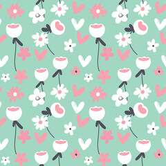 Fototapeta premium Seamless floral pattern based on traditional folk art ornaments. Colorful flowers on color background. Scandinavian style. Sweden nordic style. Vector illustration. Simple minimalistic pattern.