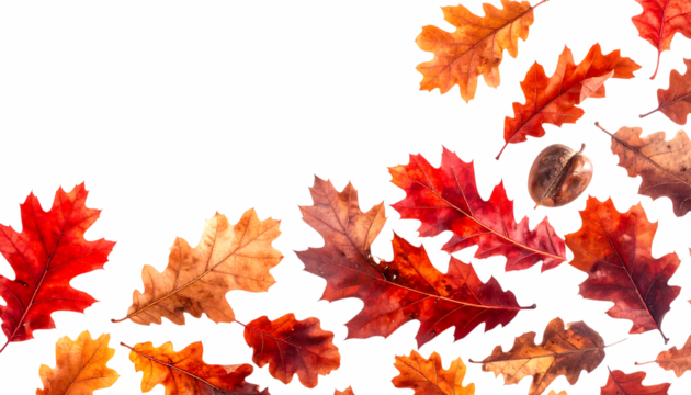 秋色に染まる赤と茶のオークの葉｜背景なし・透過PNG・コピースペース
