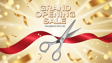 Celebrate the grand opening sale with us and get ready for incredible savings with this vibrant and celebratory golden design featuring flowing ribbons and opening scissors
