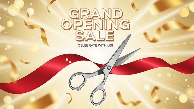 Celebrate the grand opening sale with us and get ready for incredible savings with this vibrant and celebratory golden design featuring flowing ribbons and opening scissors
