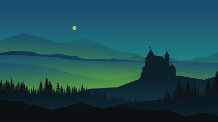 a castle at night with green lights