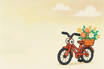 Fototapeta premium Playful red bicycle with expressive eyes on handlebars and rear flower basket colorful whimsical cartoon illustration for kids posters banners web design