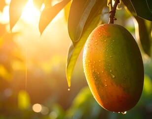 Close-up of a ripe mango with water droplets illuminated by sunlight
