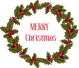 Merry Christmas greetings in a holly frame. Vector illustration