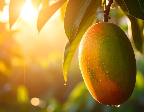 Close-up of a ripe mango with water droplets illuminated by sunlight - Powered by Adobe