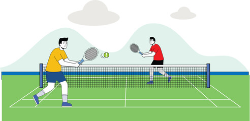 Competitive Tennis Match in Minimalist Flat Design