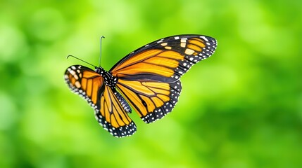 Obraz premium butterfly concept. Vibrant Monarch Butterfly Flying Against Soft Green Background in Nature with Delicate Wings and Stunning Color Patterns