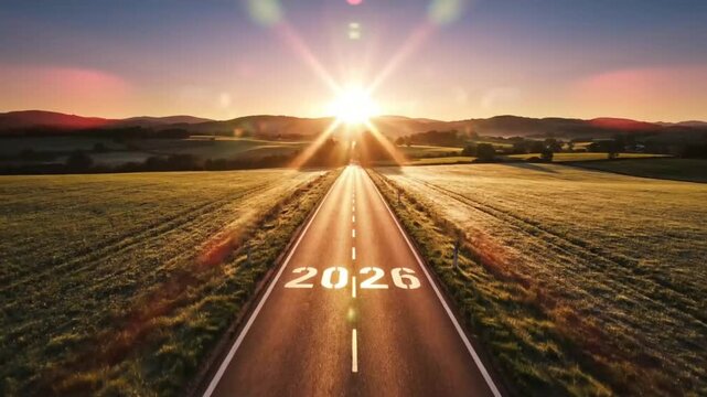 Long Straight Road Leading Toward Sunrise With 2026 Number Symbolizing New Year Future Journey And Success Vision