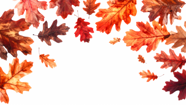 秋色に染まる赤と茶のオークの葉｜背景なし・透過PNG・コピースペース
