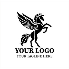 Fototapeta premium Pegasus Logo Vector – Minimalist Black Silhouette of Mythical Winged Horse in Graceful Flight, Flat 2D Design for Elegant Branding and Fantasy Concepts