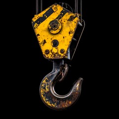 Close-up of a rusty, yellow crane hook against a black background