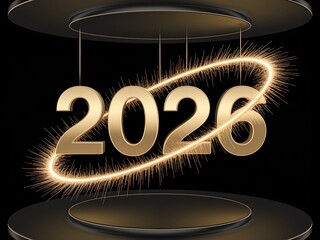 Celebrate the arrival of the new year with this stunning golden 2026 display featuring sparkling fireworks and elegant platforms